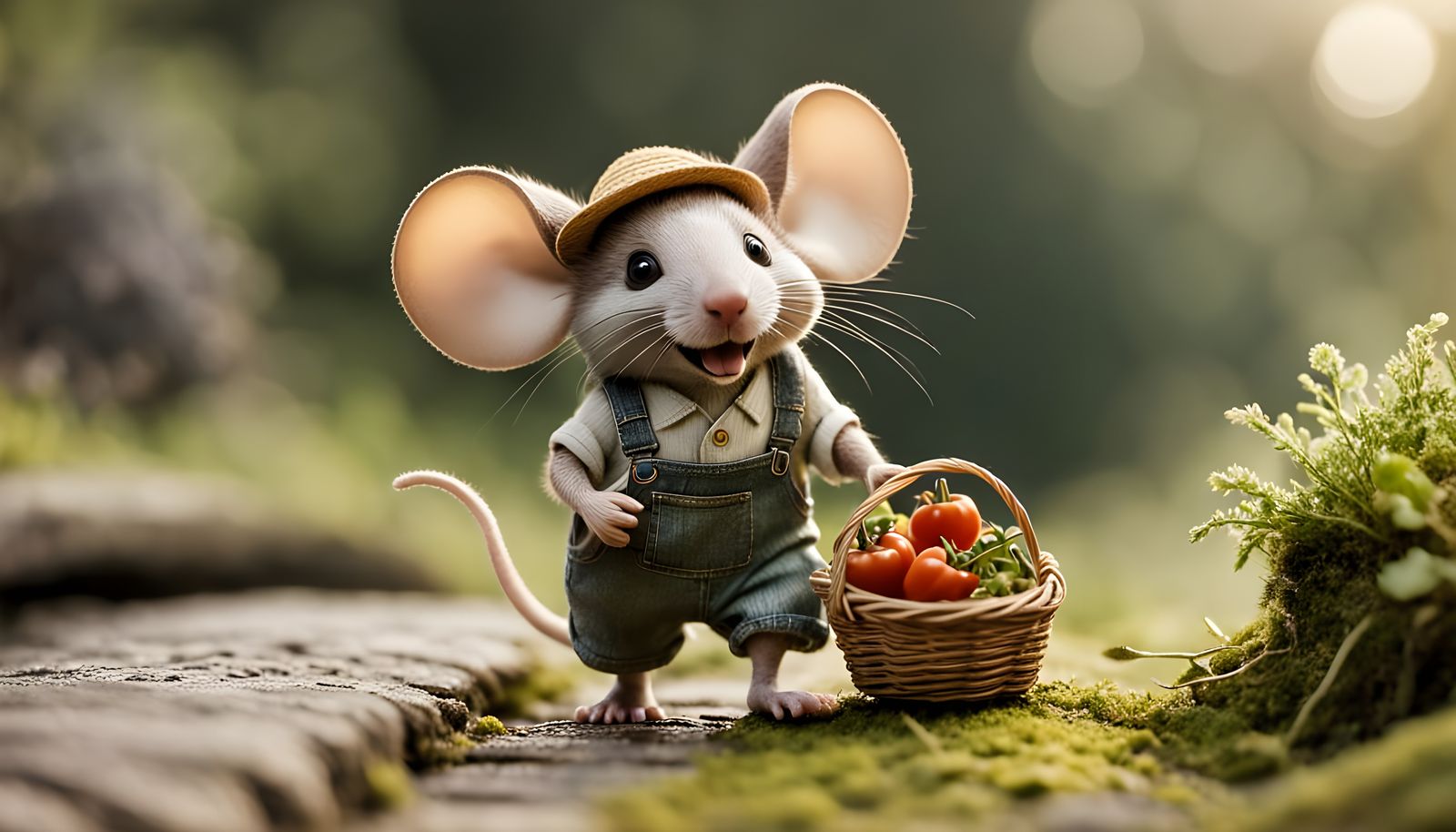 Whimsical Mouse Farmer on a Stone Bridge