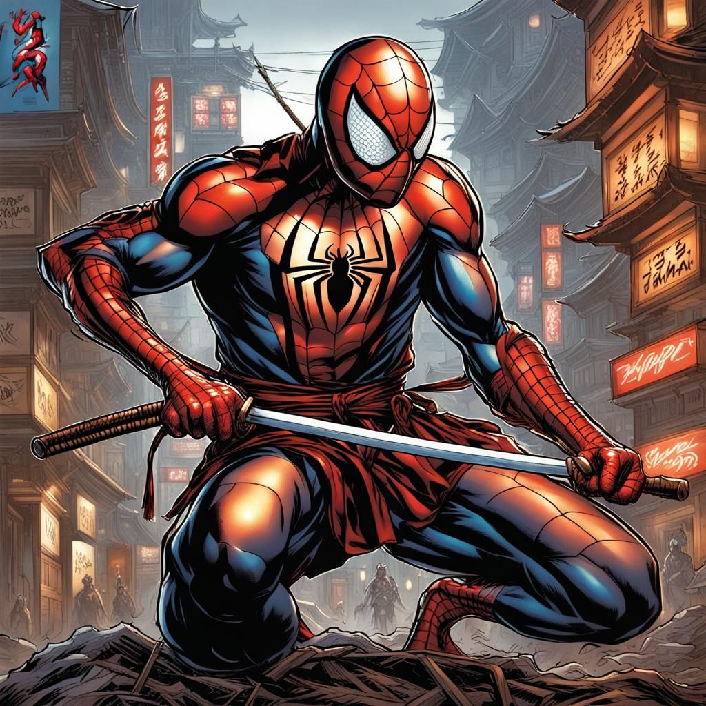 Spider-Man Samurai Ninja in Comic Book Art