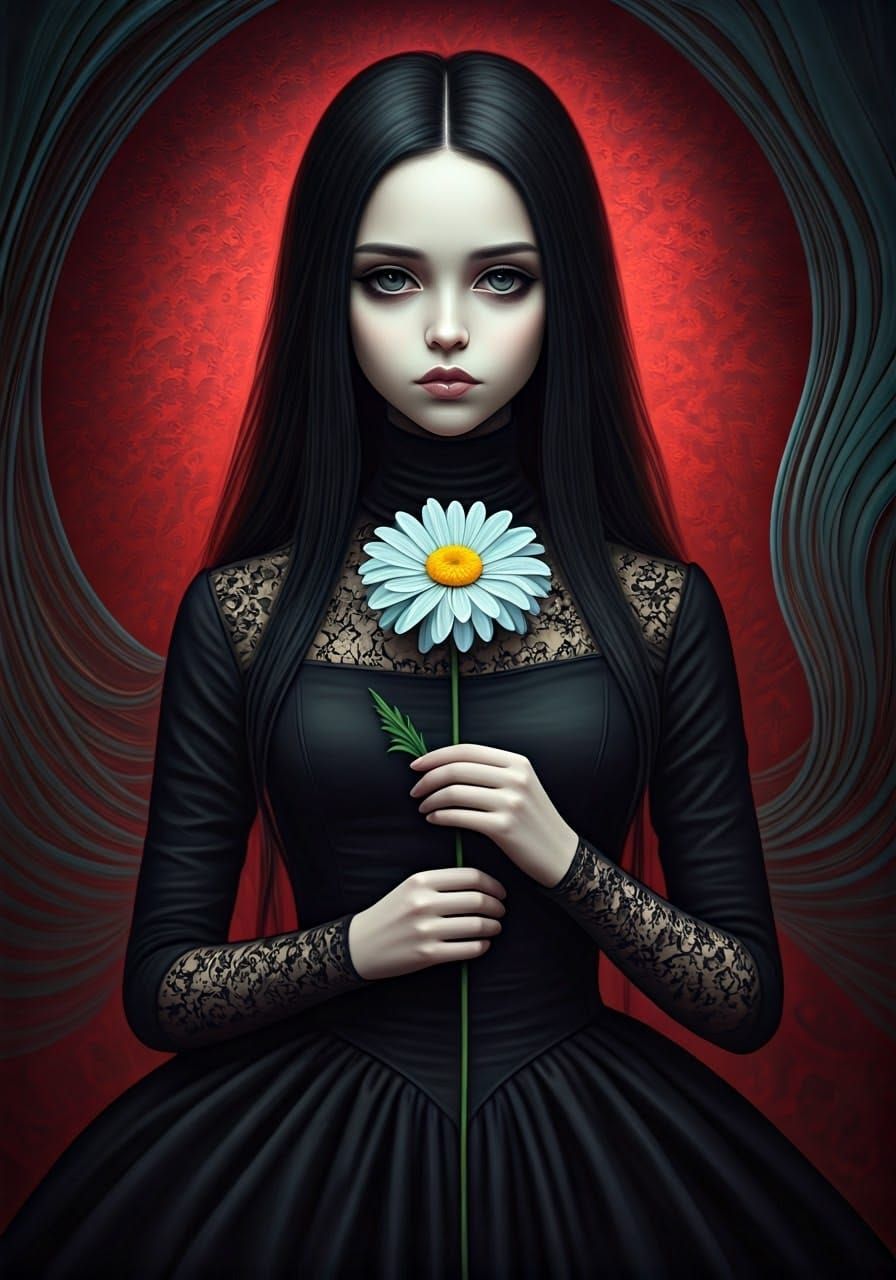Gothic Girl with Daisy in Surrealist Style