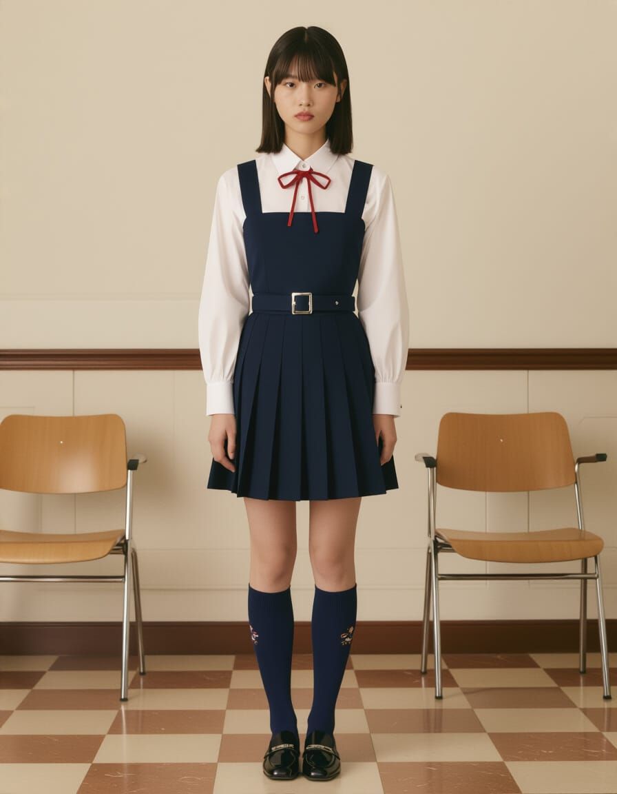 Cute Japanese Student in Shrine Courtyard with Cherry Blosso...