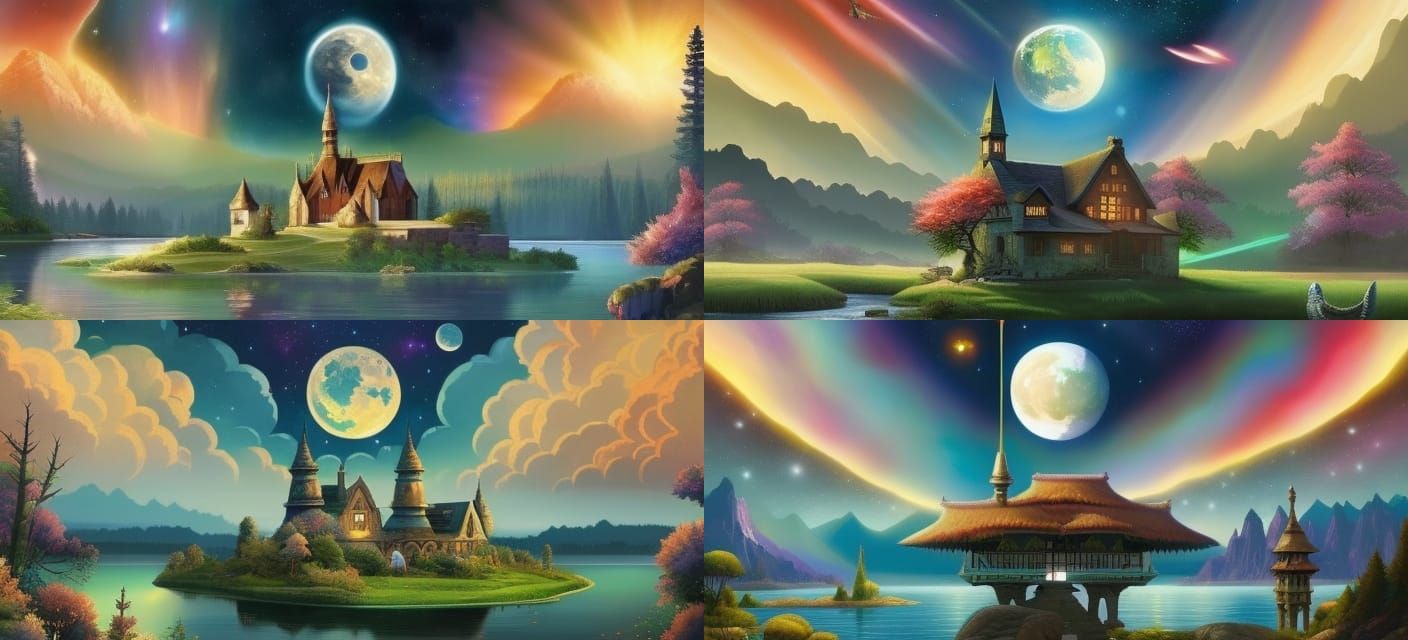 Cosmic Castle on Lake: Hyperrealistic Watercolor Illustratio...