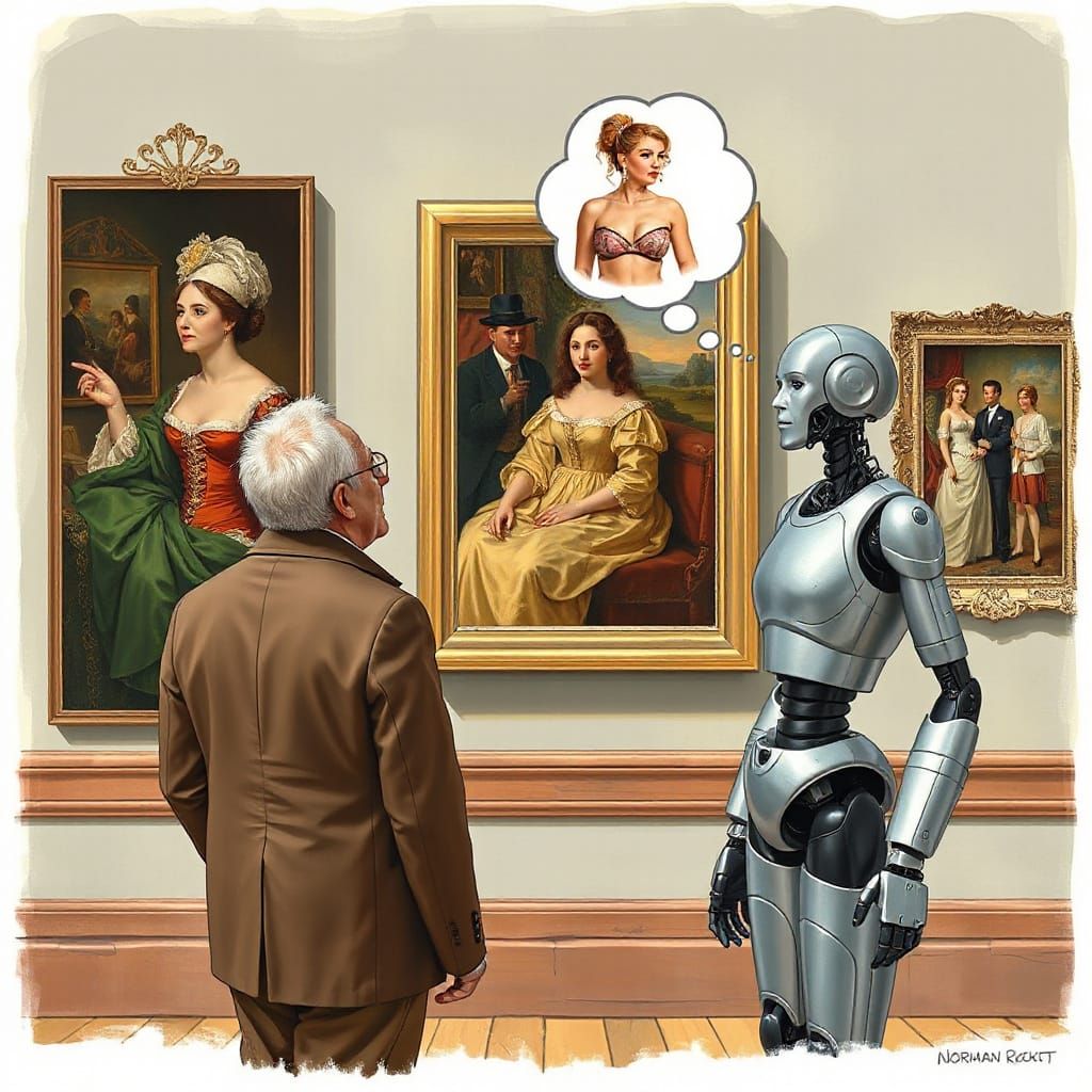 Retro Futuristic Art Gallery Scene with a Twist