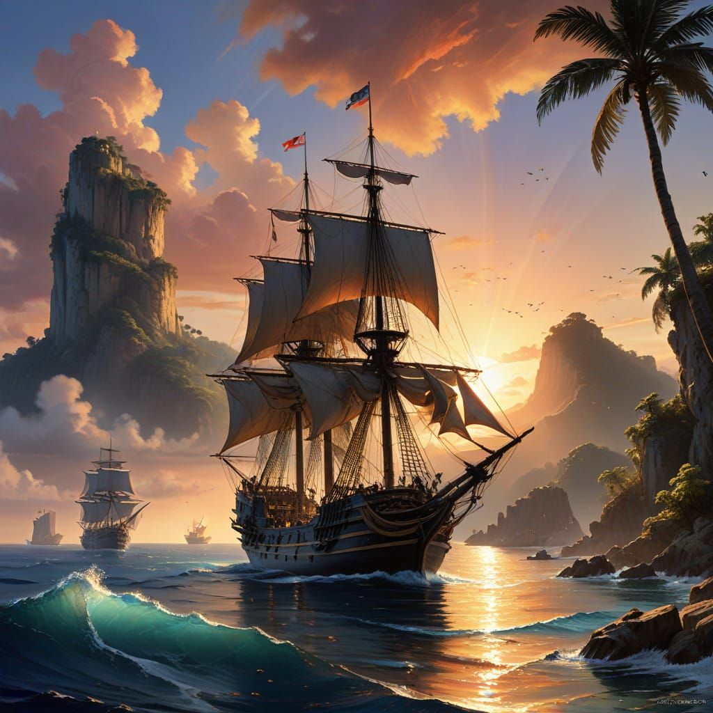 Caribbean Islands at Sunset in Hypermaximalist Style