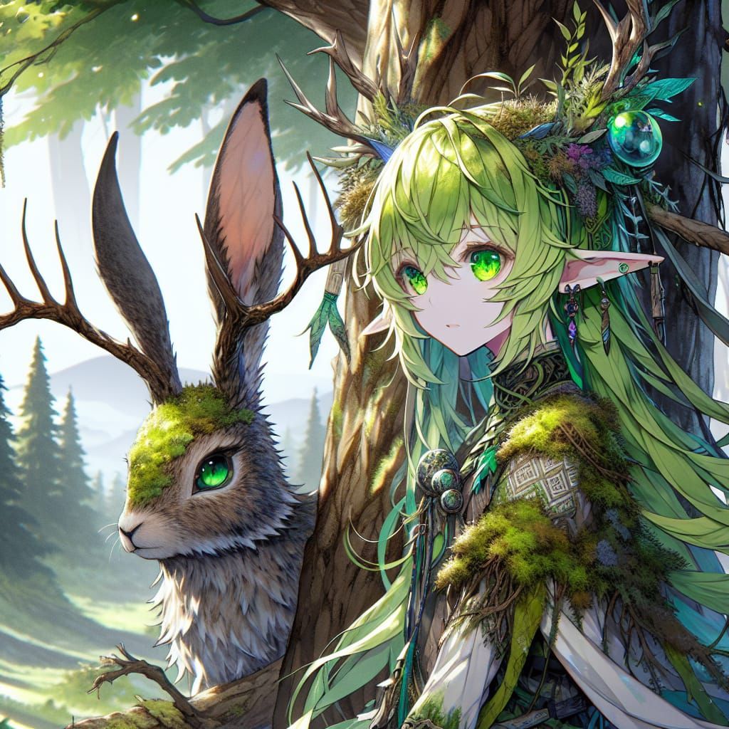 Anime Druid Girl with Jackalope in Matte Painting
