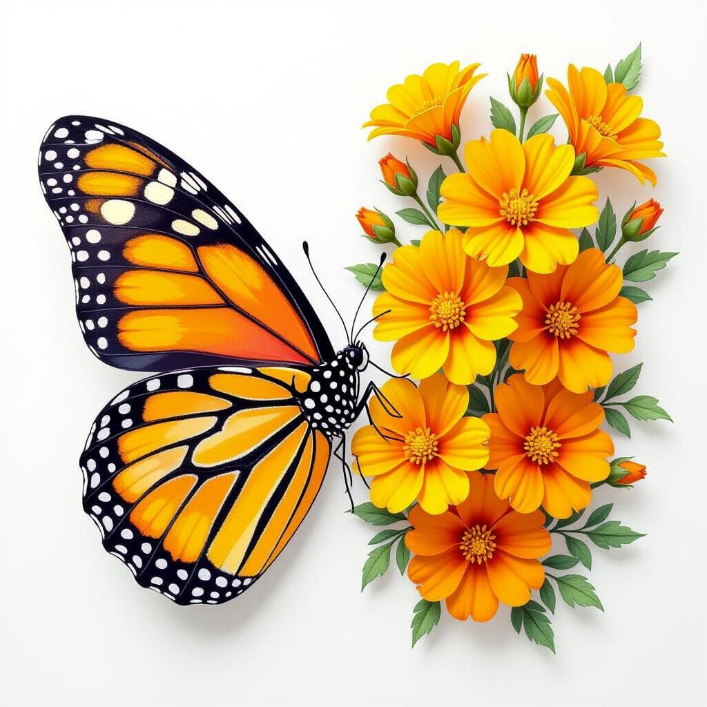 Butterfly's Wing Transforms into Marigold Flowers Watercolor...