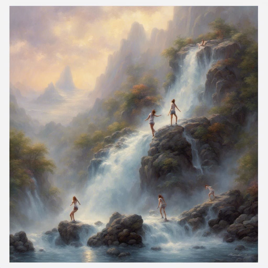 Ethereal Waterfall Climb in Luminist Style