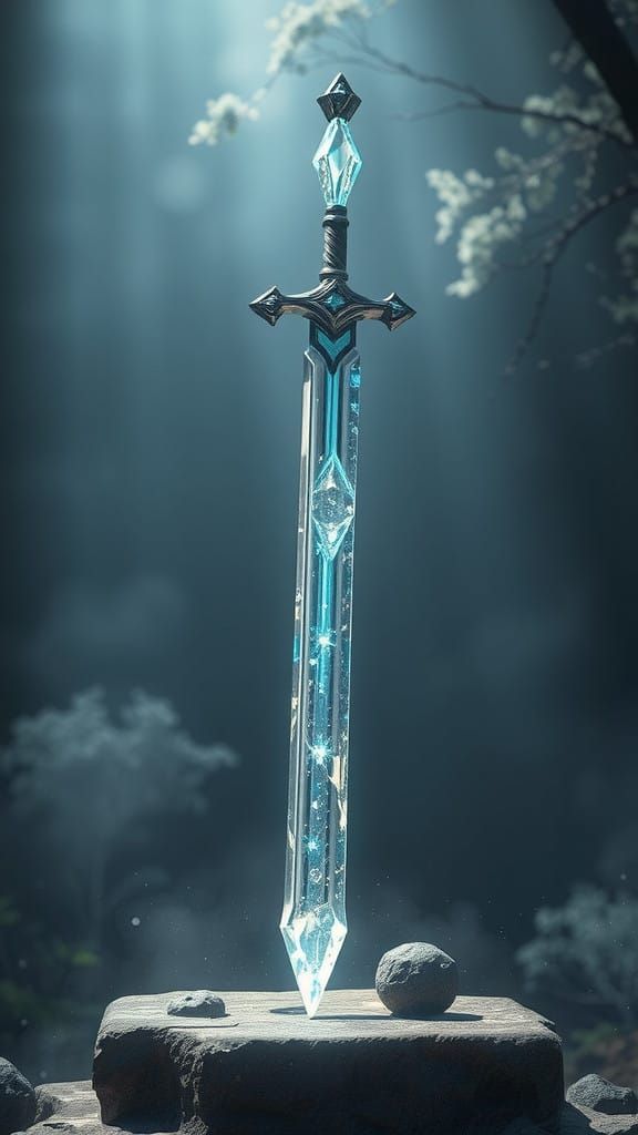 Ethereal Glass Sword Radiates Otherworldly Energy in Ancient...