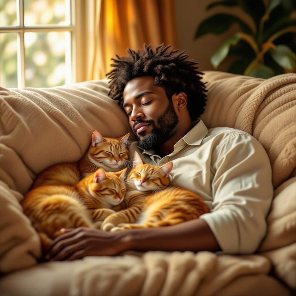 Man Napping with Orange Tabby Cats on Sofa