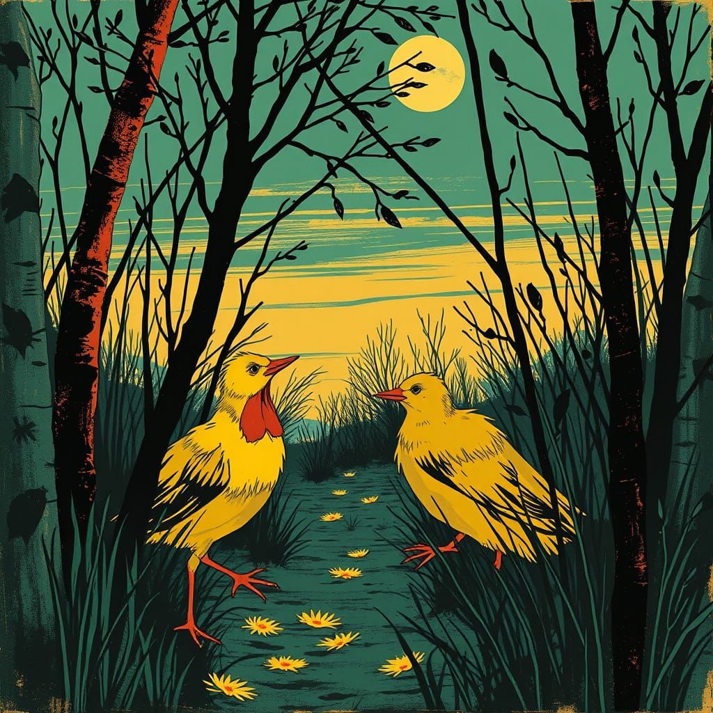 Retro Illustration of Girls Avoiding Danger at Dusk