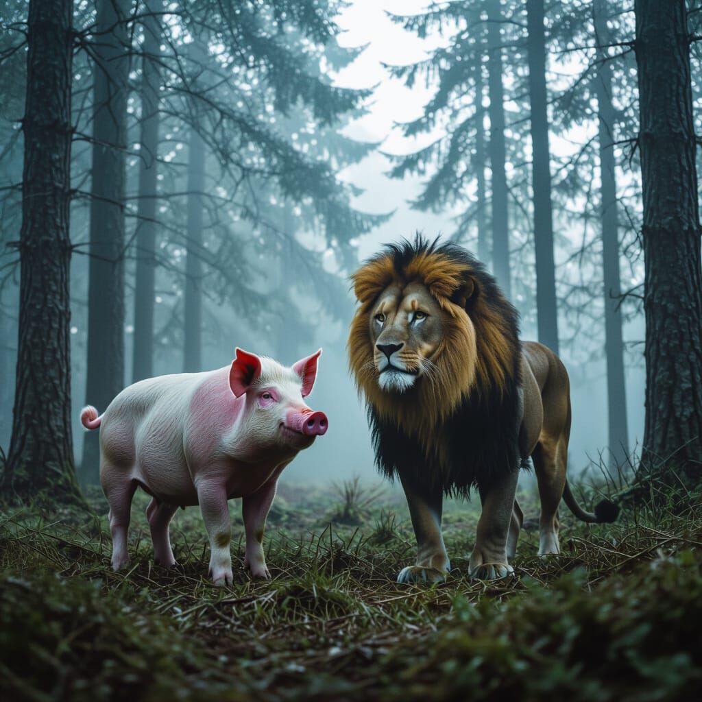 Majestic Half-Pig, Half-Lion in Misty Forest