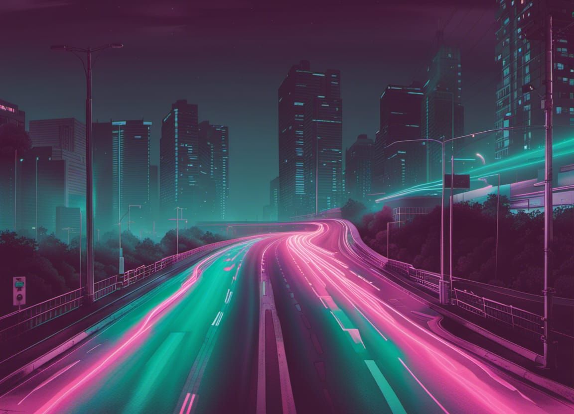 lofi hiphop vaporwave late night highway vibe photoreal intricate detail :: traffic light trail long exposure street pho...