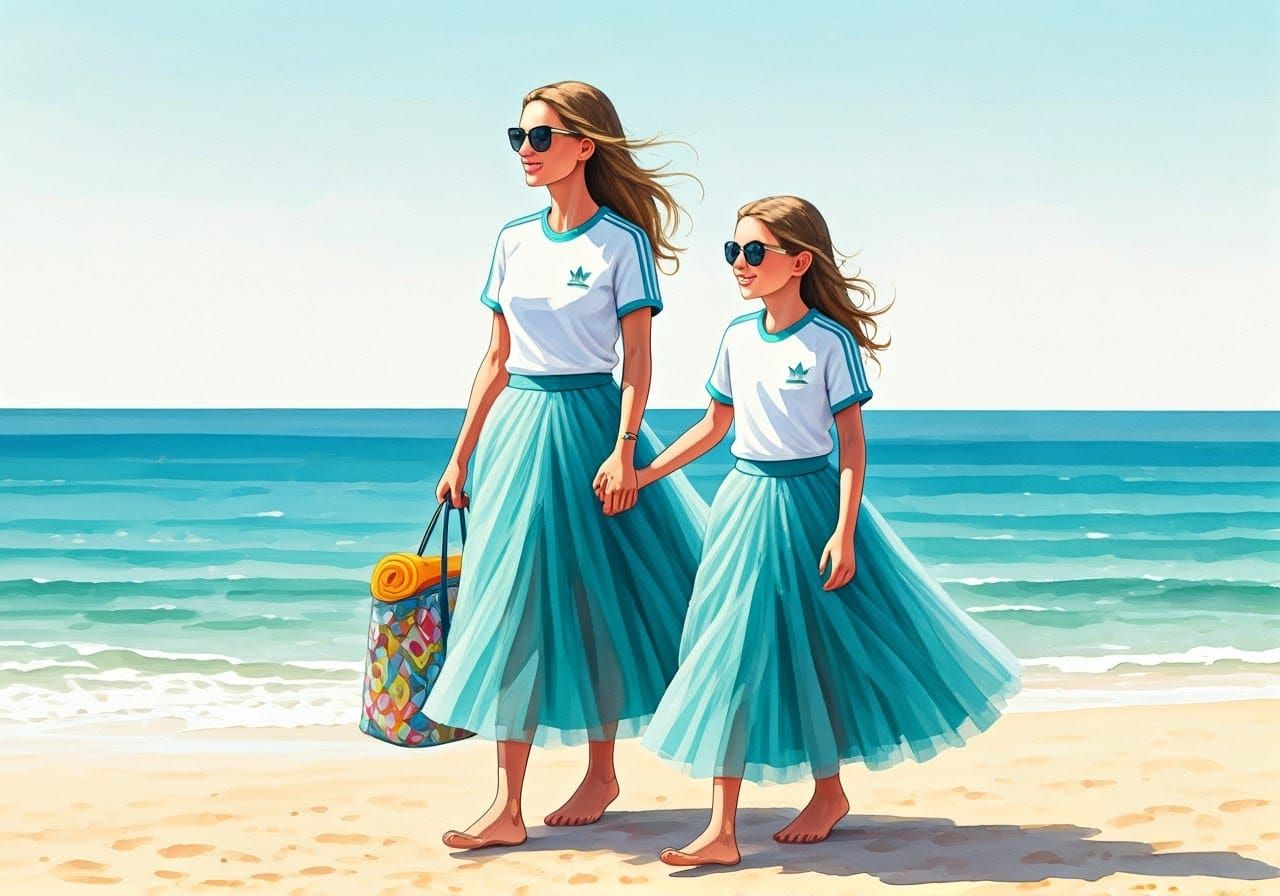 Mother-Daughter Beachside Moment in Turquoise and White