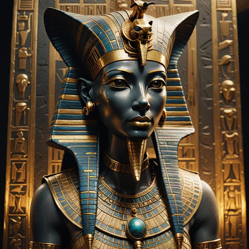 Grey Alien in Ancient Egyptian Headdress with Intricate Hier...