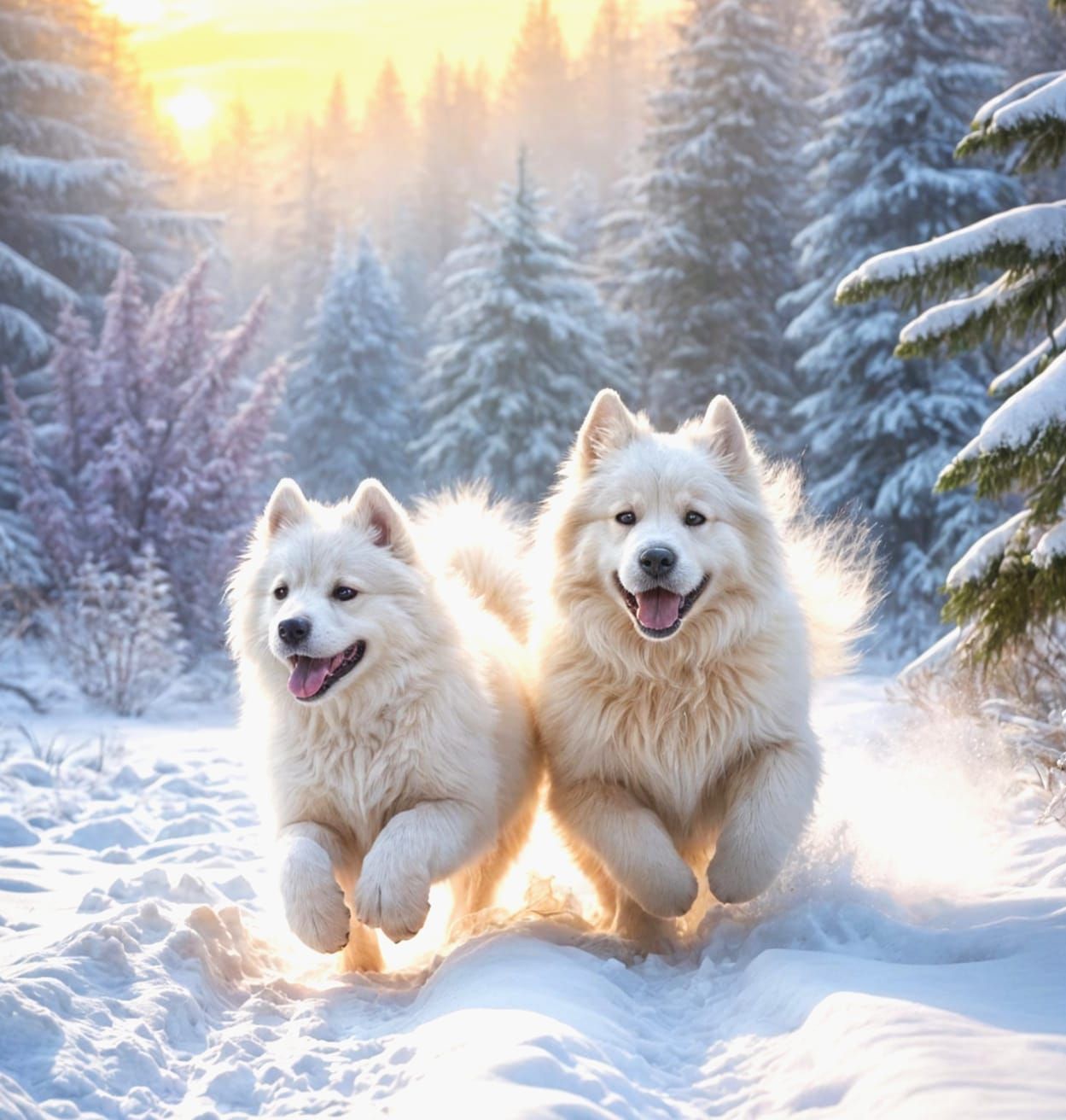 Winter Wonderland with Two Merry Puppies in Ethereal Fantasy...