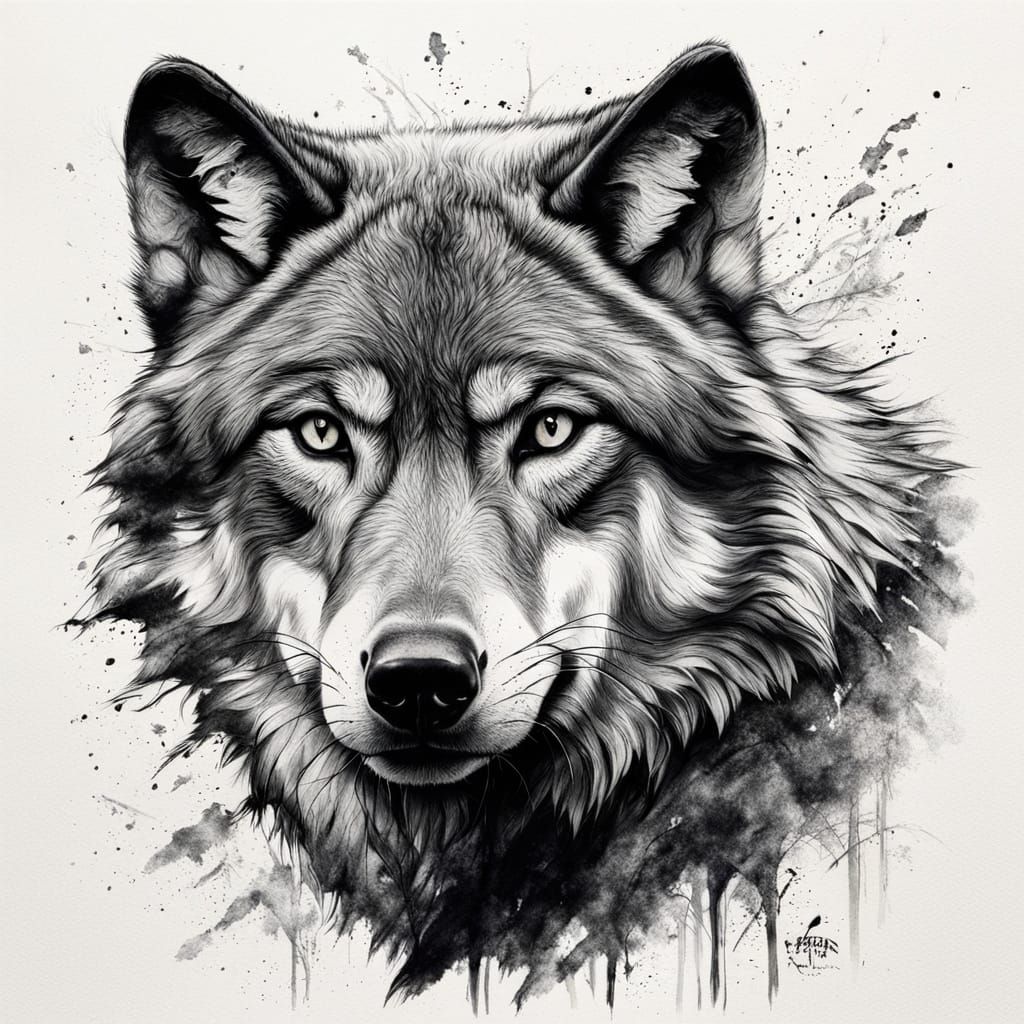 Wolf Face With Magical Forest Charcoal Drawing