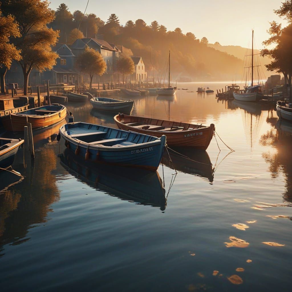 Serene Harbor at Sunrise in Photorealistic Style