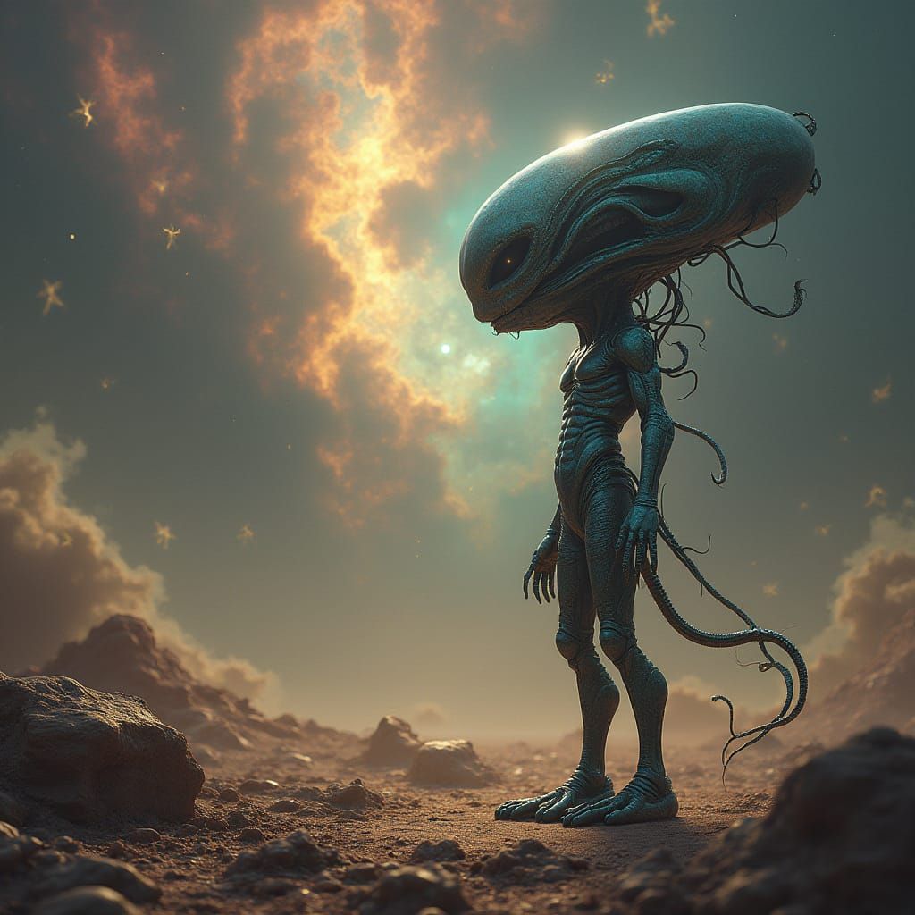 Alien Contemplation on Barren Planet in Dark Surrealism