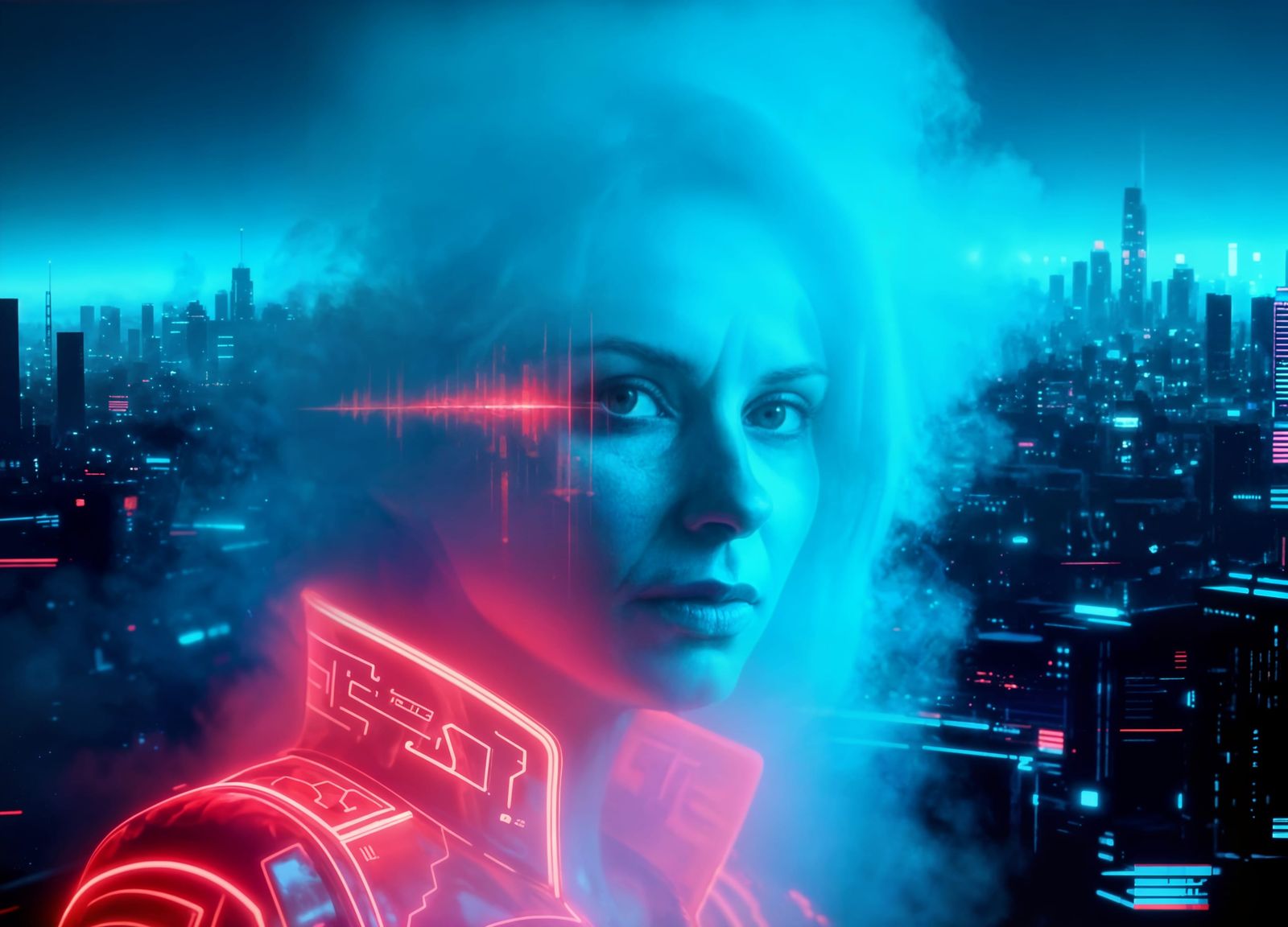 Cyberpunk Metropolis With Woman Double Exposure in Blue Tint