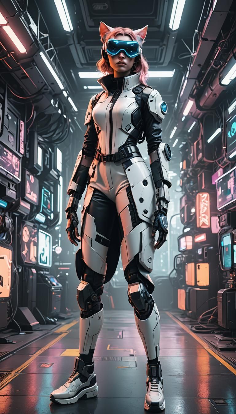 Cyberpunk Cat-Girl in VR Suite: Futuristic Vector Art