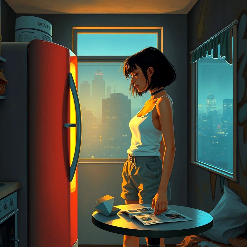 Girl in 1960's Kitchen at Night