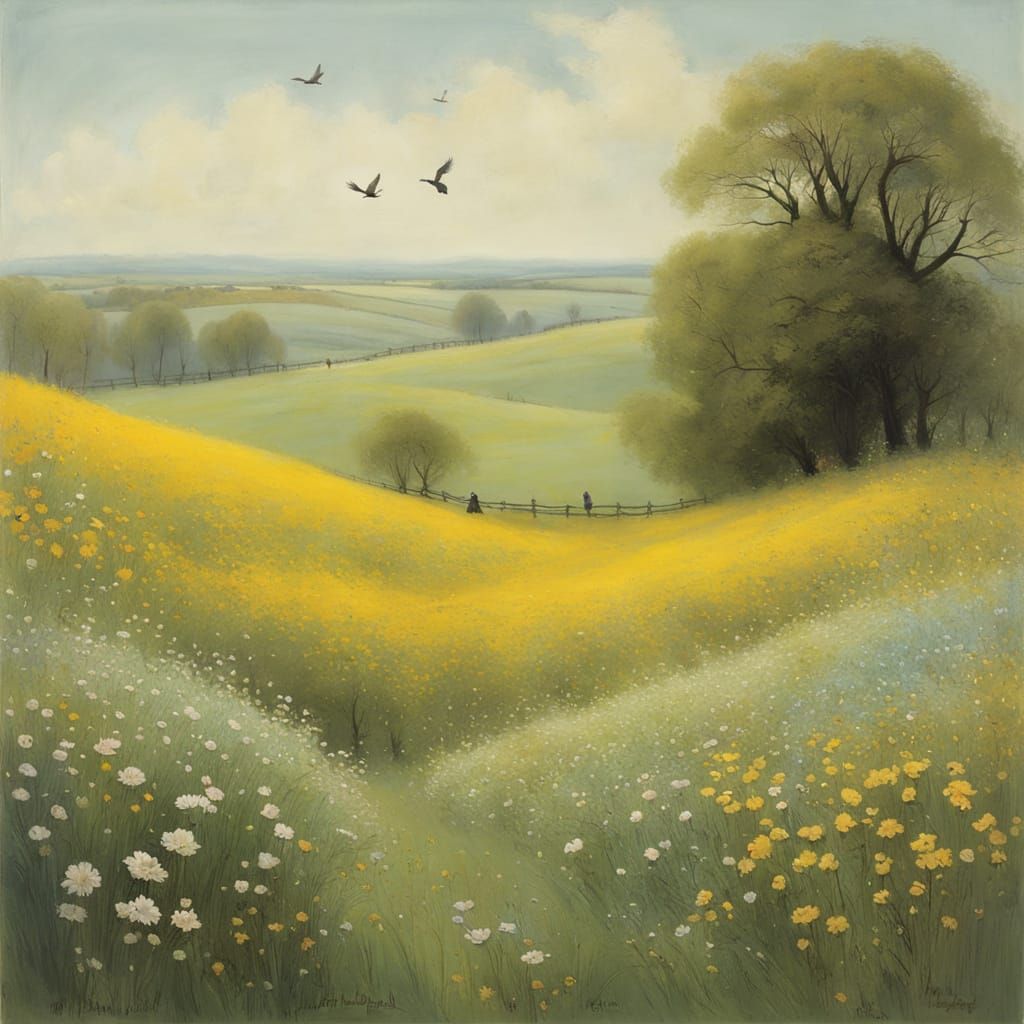 Vibrant Spring Landscape in Whimsical Pastel Hues