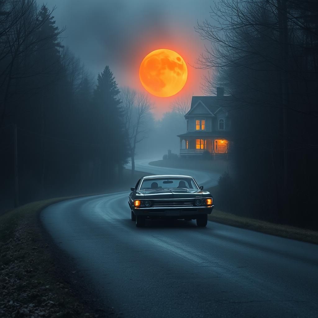 Black 1967 Impala on Foggy Road to Haunted House