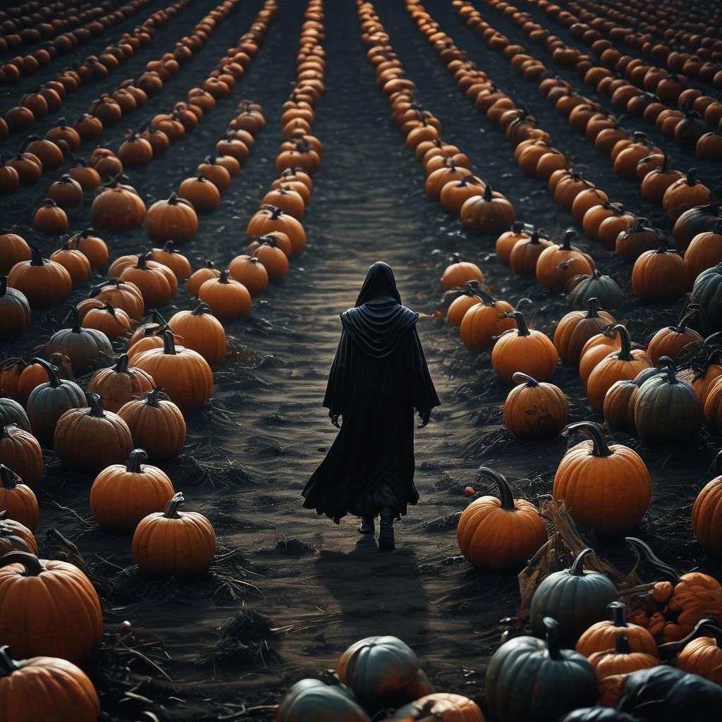 Evil Angel in Pumpkin Field: Dark Fantasy Art
