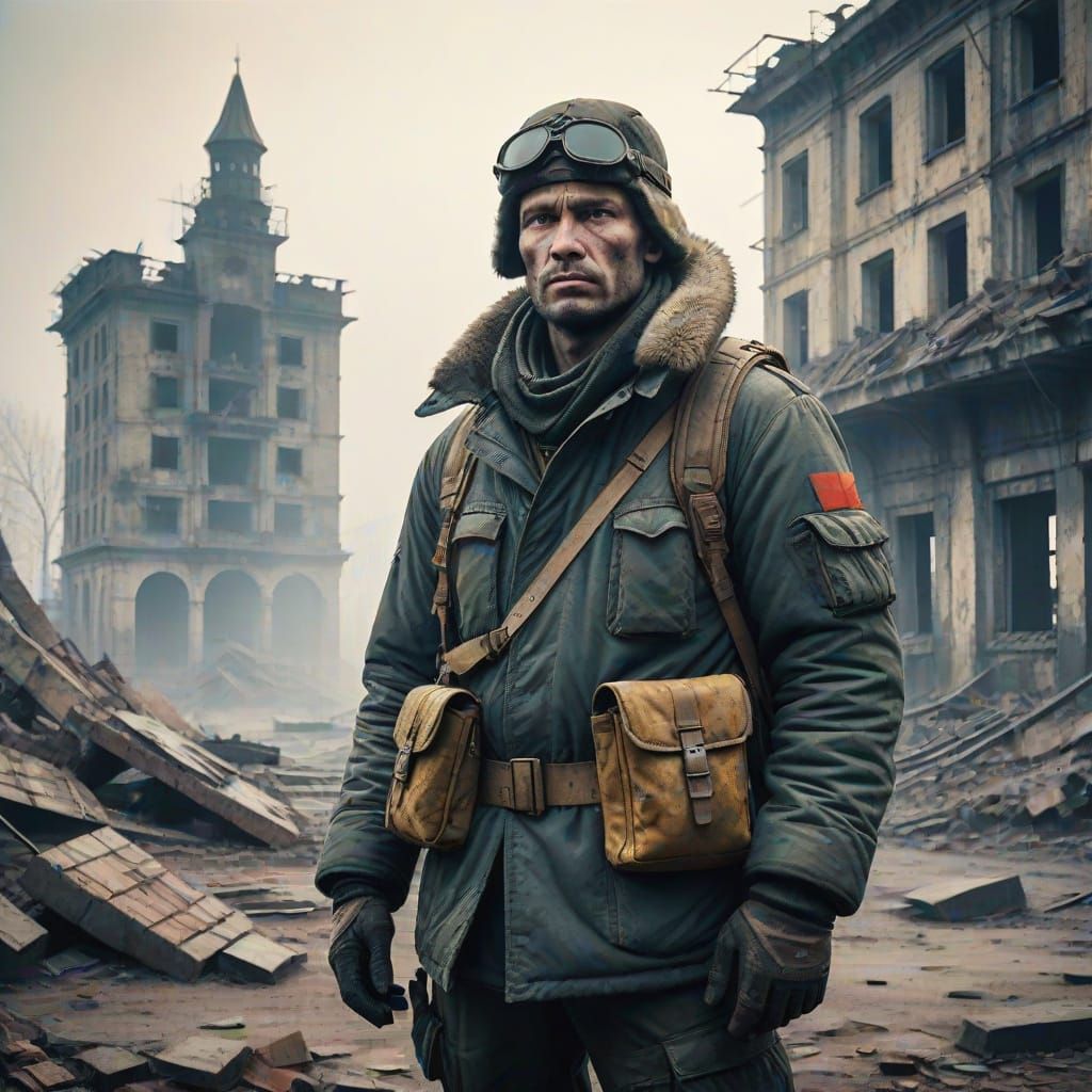 Russian Survivor Stands Amidst Post-Apocalyptic Ruins in Gri...