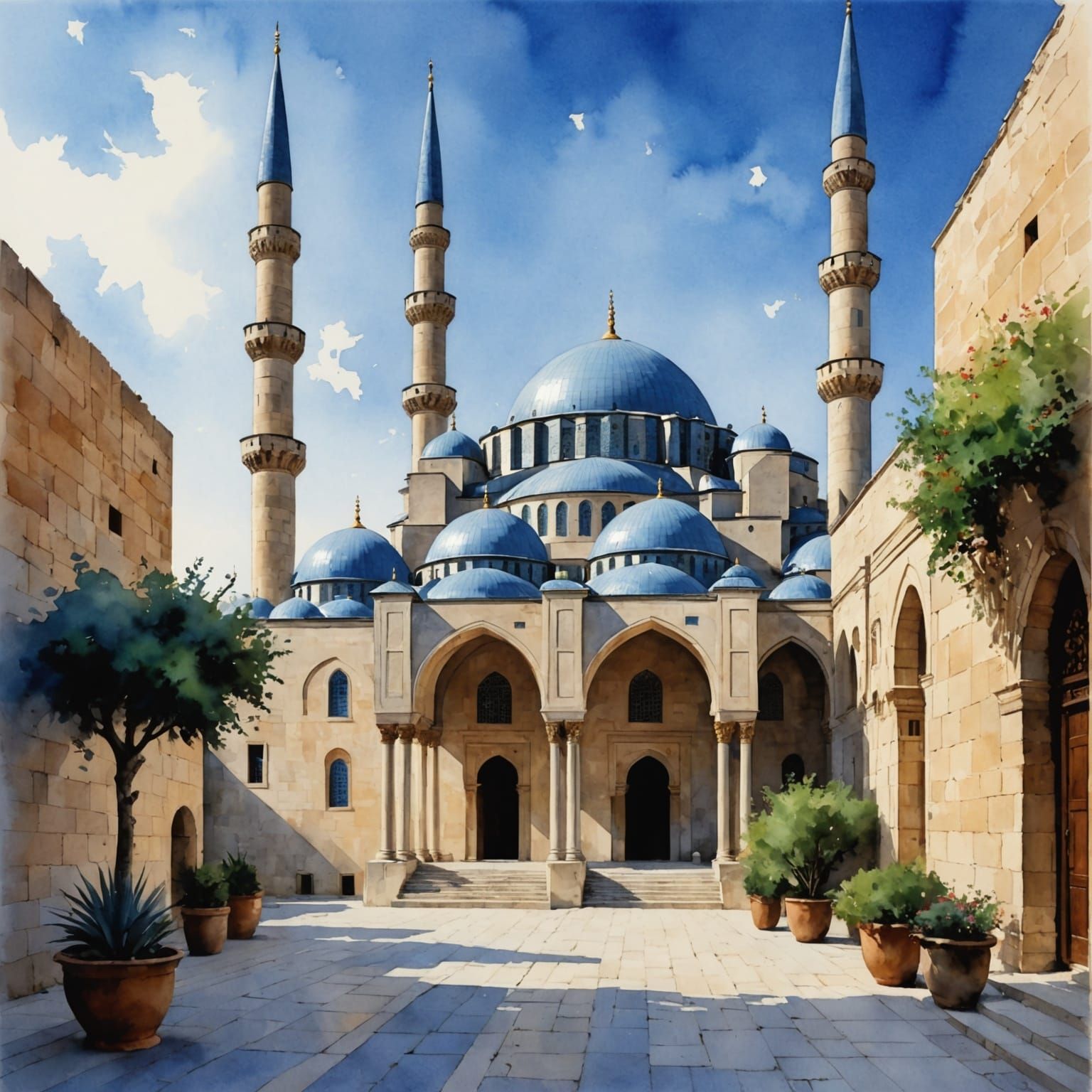 Blue Mosque of Amman in Watercolor Style