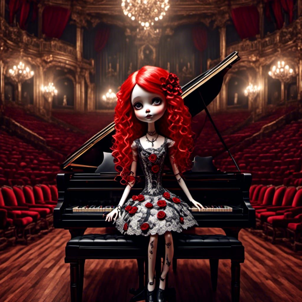 Gothic Girl Plays Piano on Victorian Stage