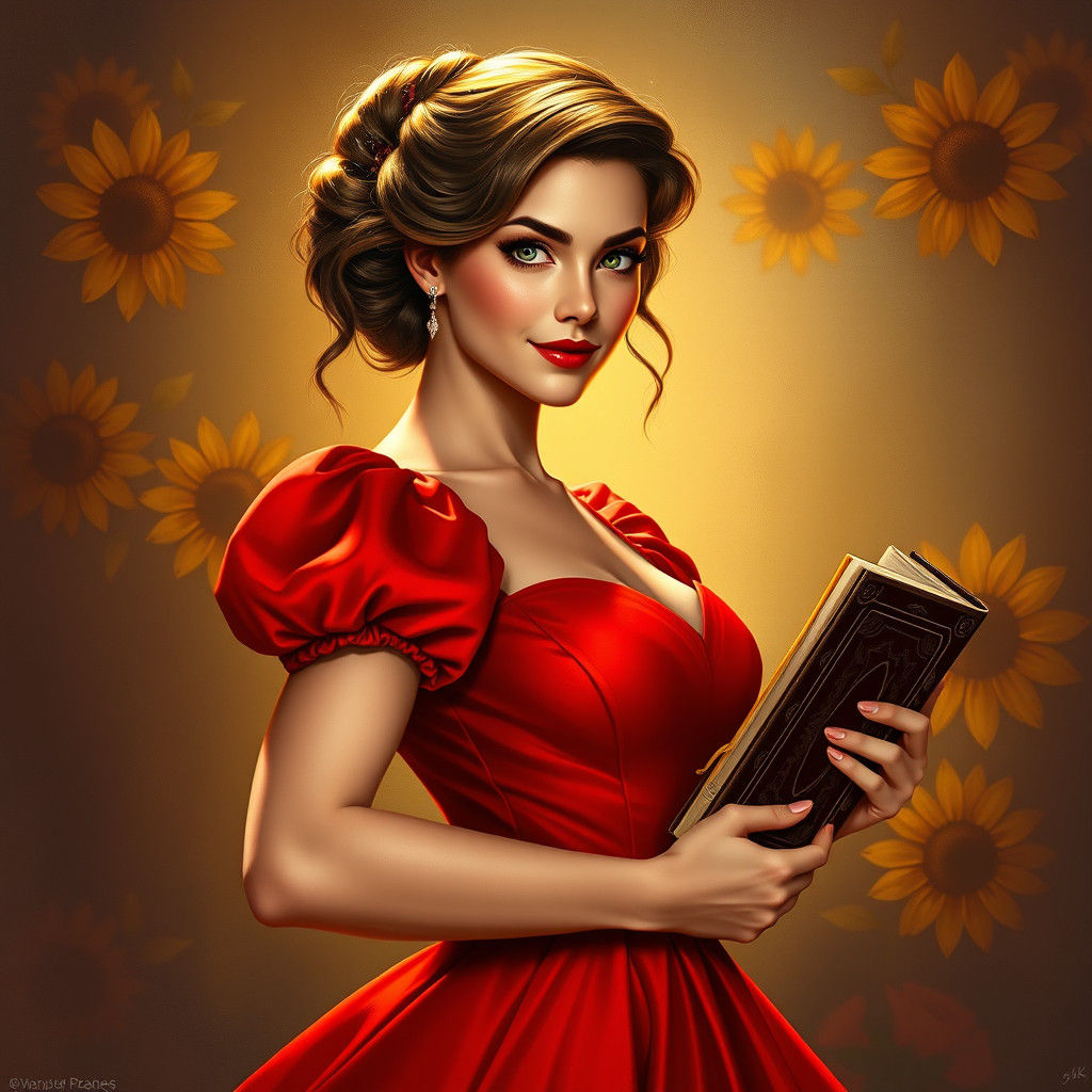 Confident Woman in Red Gown, German Expressionism Style