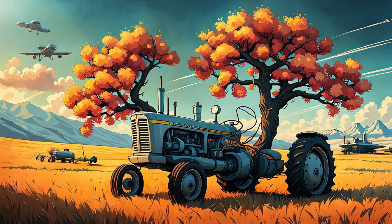 Retro Tractor Tows Spaceship in Dreamlike Landscape