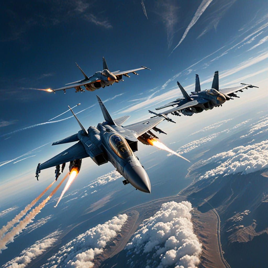 Sleek Jet Squad Formation Flying in Dynamic Sky