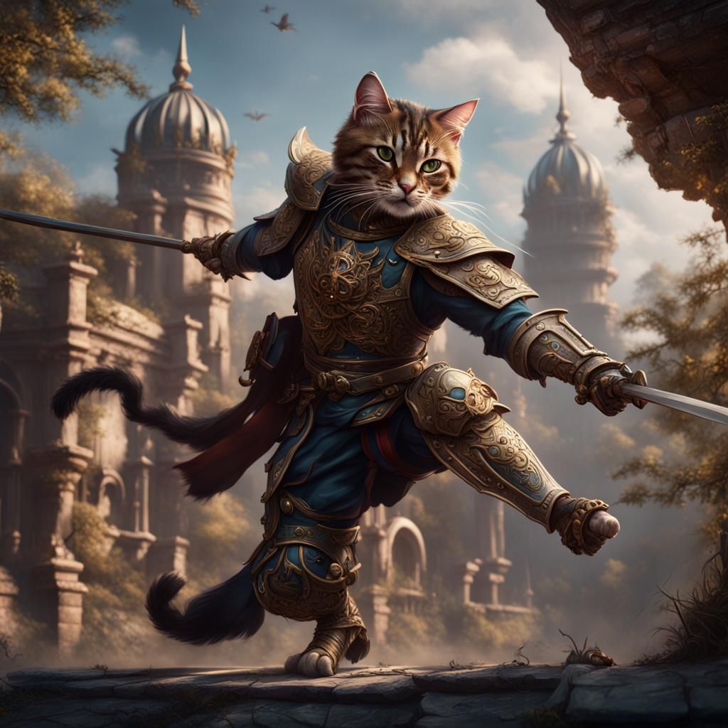 Fantastical Feline Combat in Detailed Matte Painting