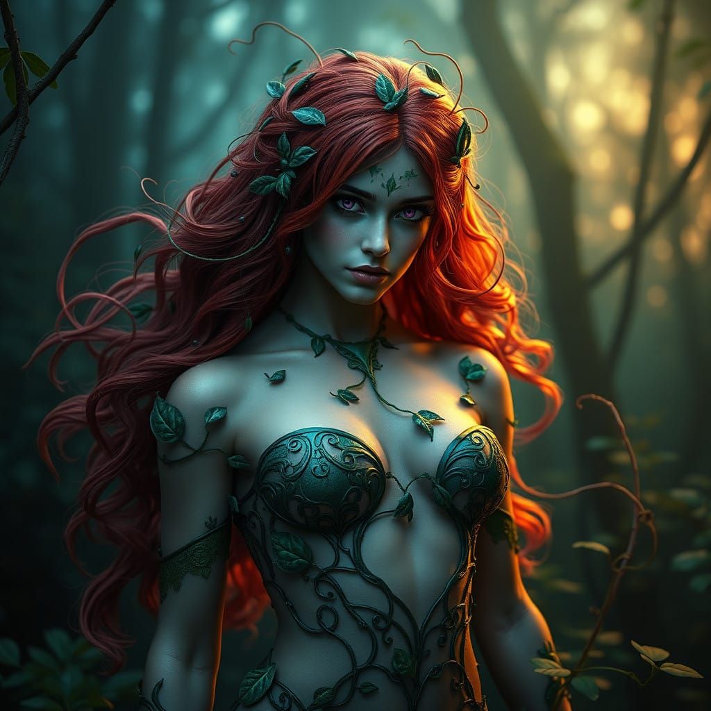 Mystical Red-Haired Goddess in Leafy Attire, Beside Velvety...