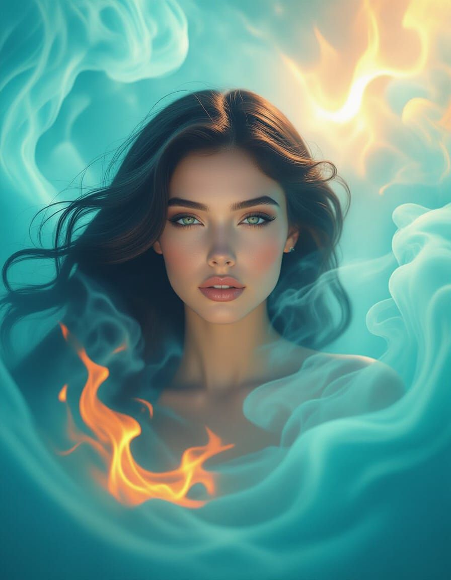 Mystical Woman Emerging from Mist and Flames