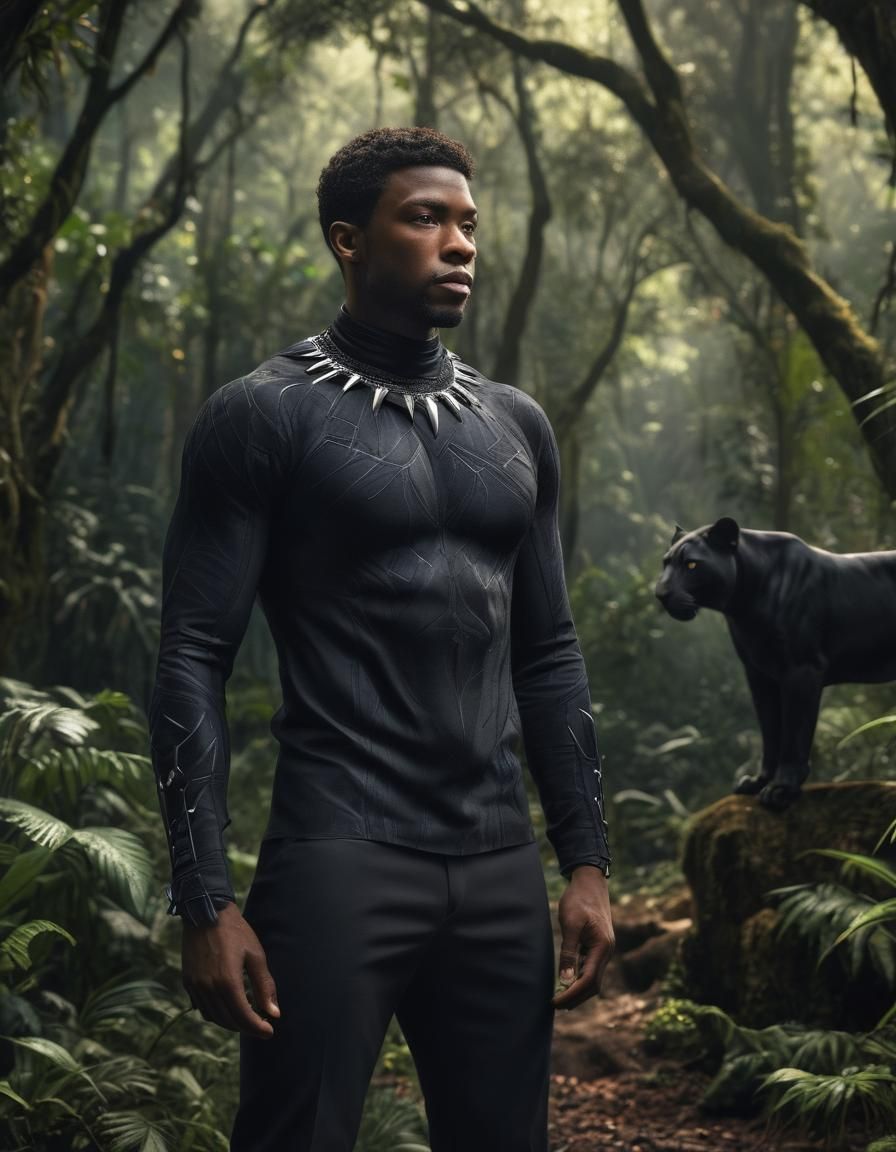 Hyperrealistic Male Model with Panther in Rainforest
