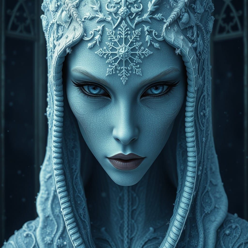 Ethereal Snow Queen with Black Sclera Eyes in Gothic Fantasy