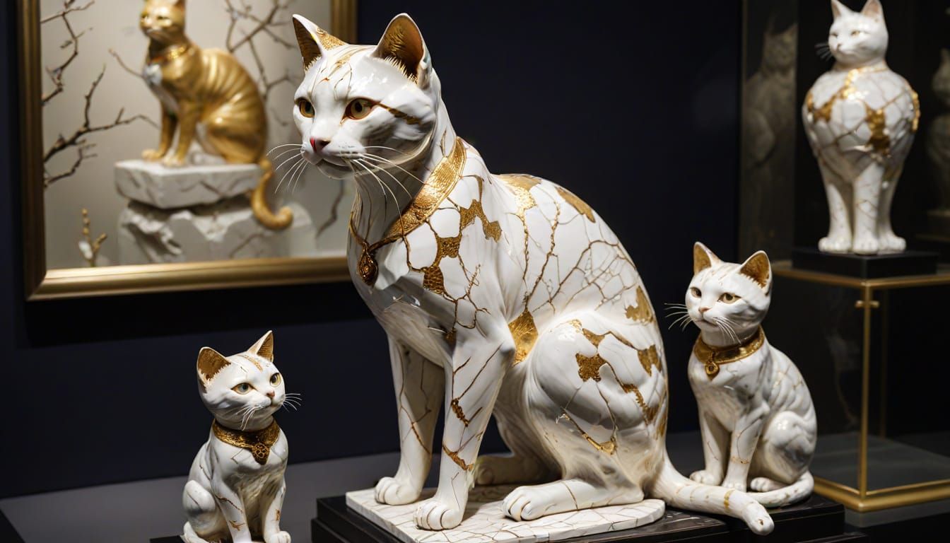 Kintsugi Repaired Porcelain Cat Statue in Museum