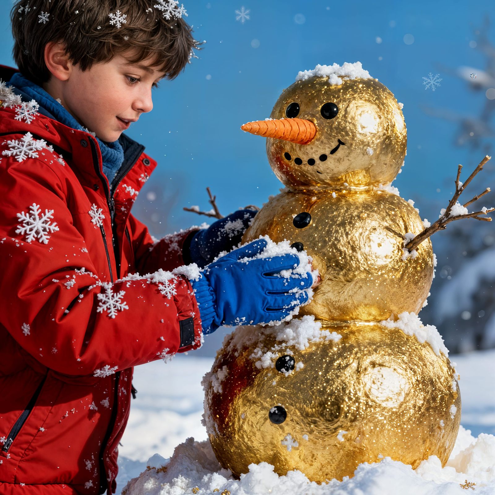 Kid Builds Snowman From Golden Snow