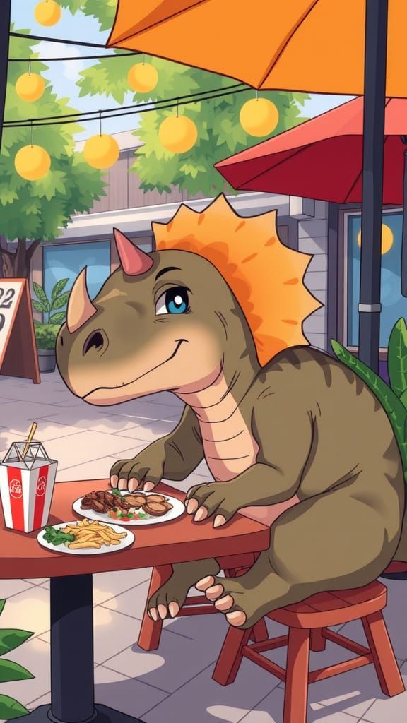 Triceratops Diner Scene in Anime Style