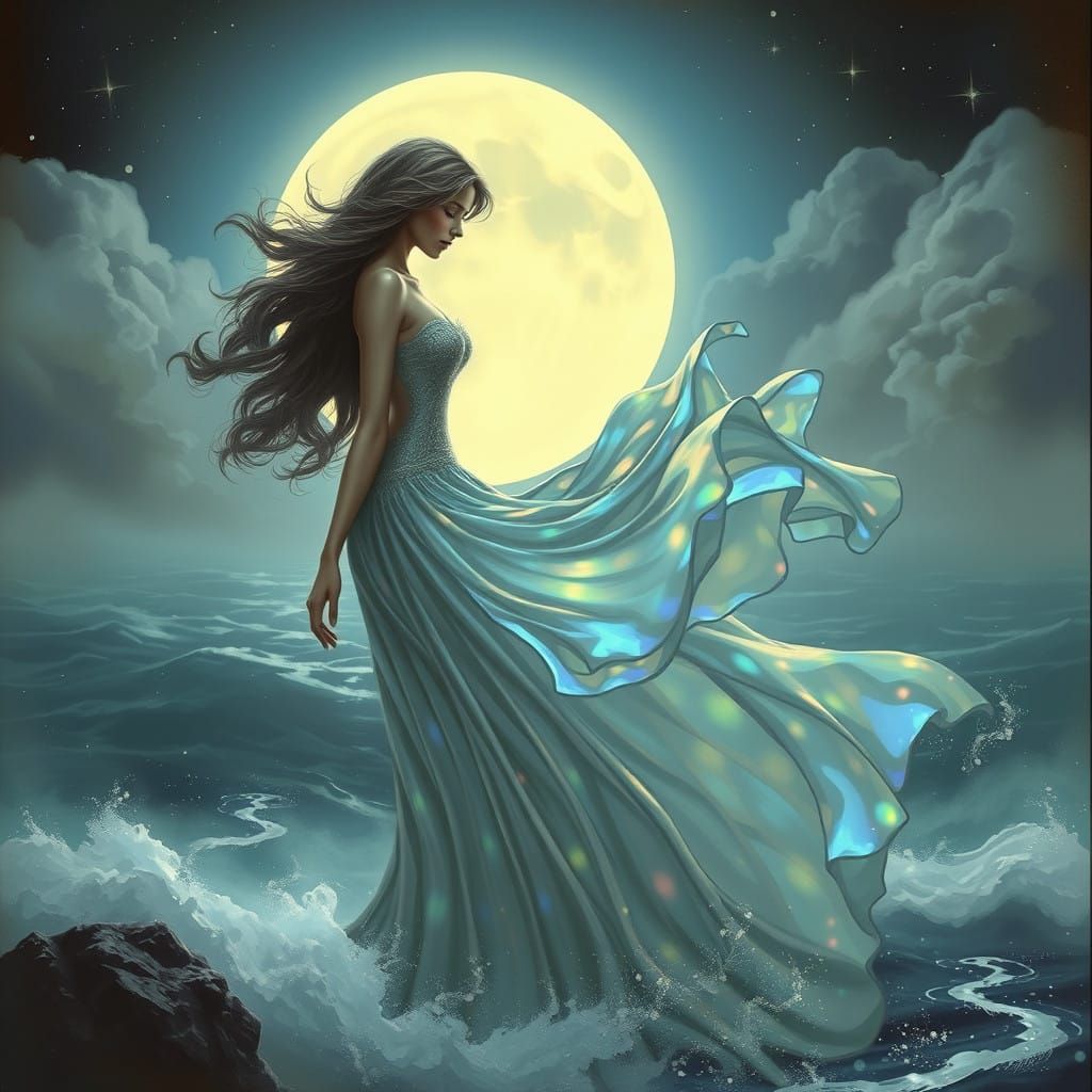 Enchanting Moonlit Siren Emerging from Oceanic Mist