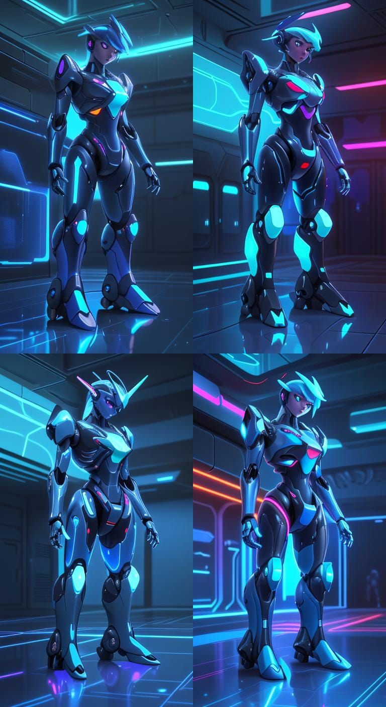 Futuristic Mecha Robot in Cyberpunk Hangar