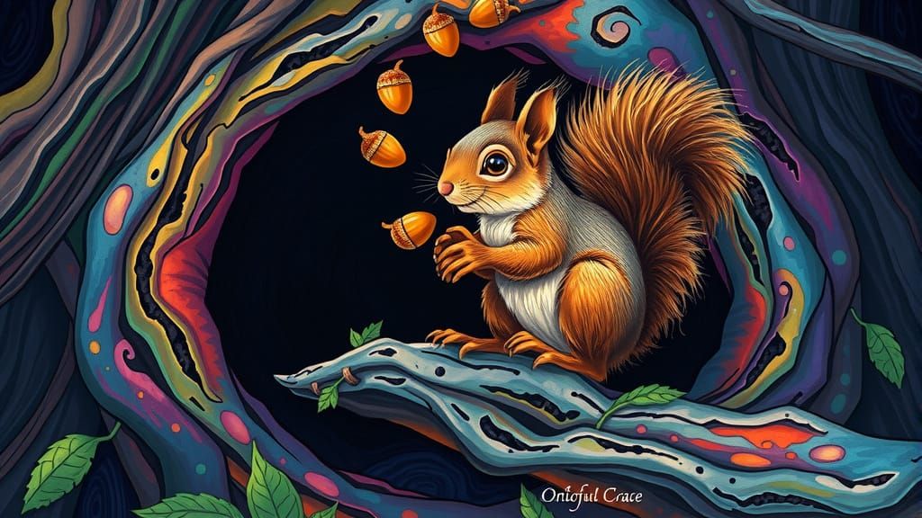 Squirrel Juggling Acorns in Alcohol Ink Style