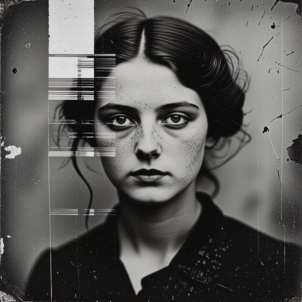 Dreamy Glitched Antique Photo in Grunge Style