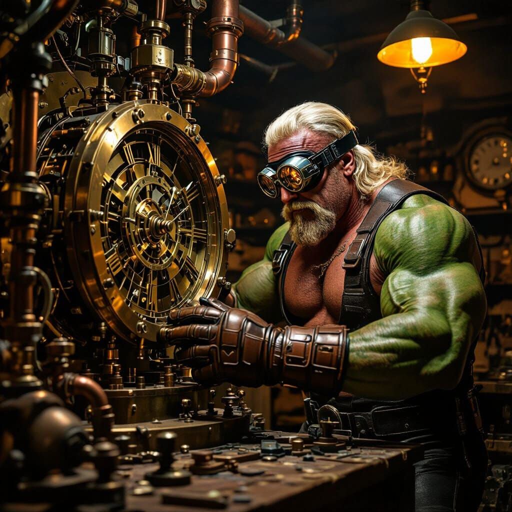 Hulk Hogan: Steampunk Mechanic in a Giger-esque Workshop