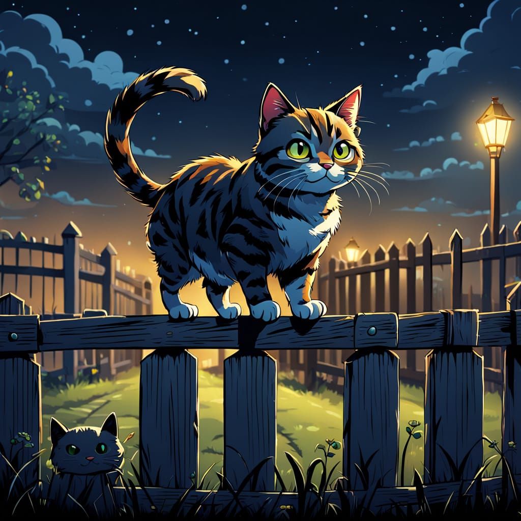 Cartoon Cat Walks Fence at Night in 2D Comic Style