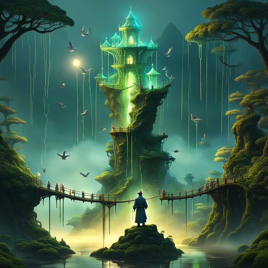 Mage Climbing Decaying Tower in Rainy Forest