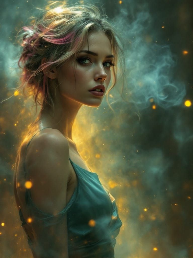 Pin-Up Woman with Pink Tipped Hair in Luminous Haze