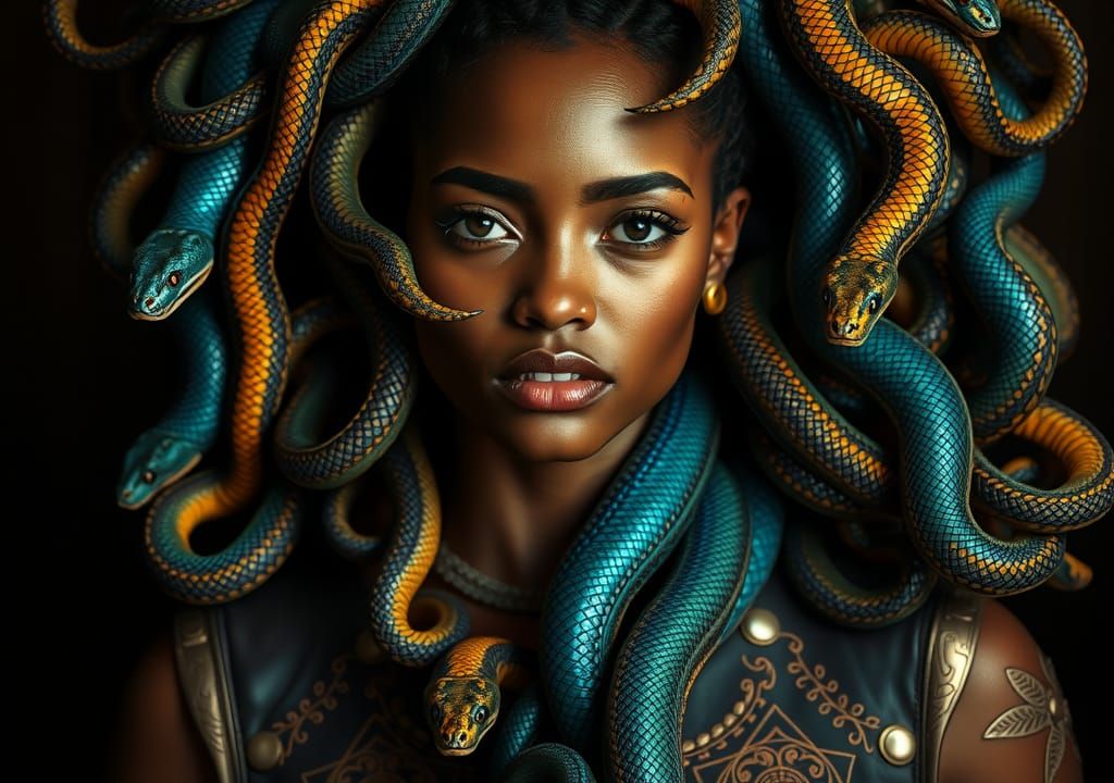 Woman with Snakes and African Chest Cover